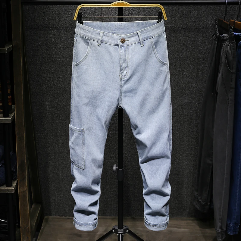 Men vintage Solid color Multi-pocket Loose Jeans trousers Fashion Streetwear Cotton Slim Mens Hip hop Joggers Denim pants