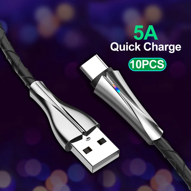 US $24.80 10Pcs 5A Quick Charge USB C Cable Fast Charging With LED Light Type C Cable Support Data Transmission Zinc Alloy Housing Durable