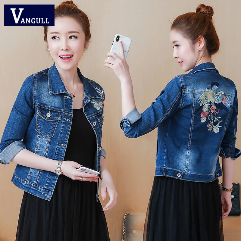 

Vangull Autumn Denim Jacket Back Animal Embroidery Jean Coat Fashion New Women Jackets Single Breasted Slim Short Jean Outerwear