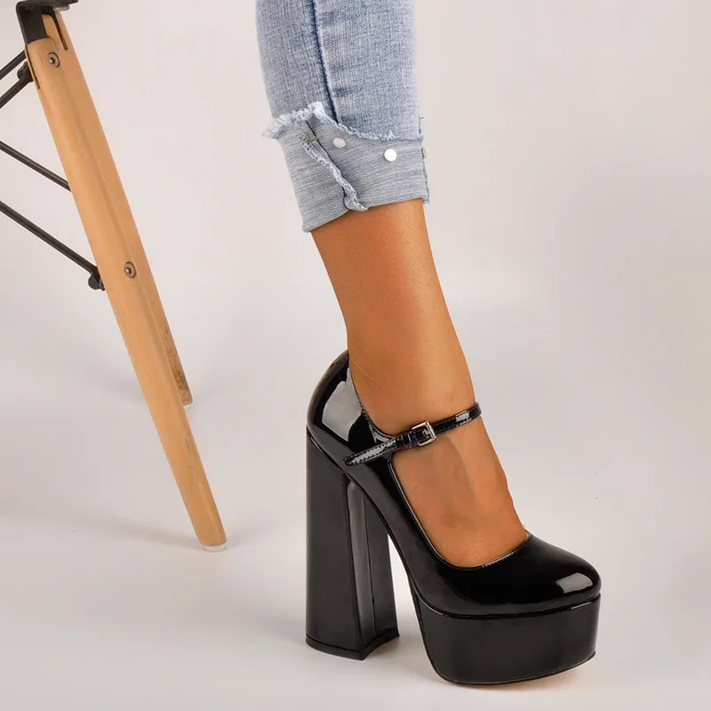 Onlymaker/женские туфли-лодочки Mary-Jane; модельные туфли на платформе и не сужающемся книзу массивном высоком каблуке 15 см с ремешком на щиколотке; Туфли на толстом каблуке; большие размеры