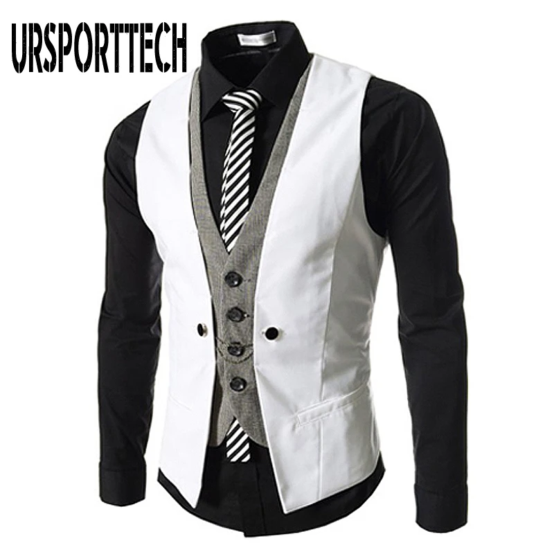 Fake Two-piece Blazer Vest Men Single-Breasted New Casual V-neck Vest Personality Slim Fit Jacket Business Blazer Coat