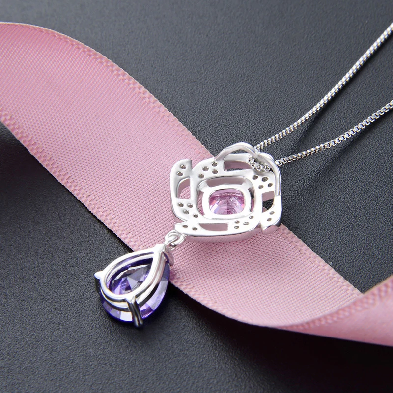 Женское ожерелье из серебра 925 пробы с фиолетовым фианитом в форме капли