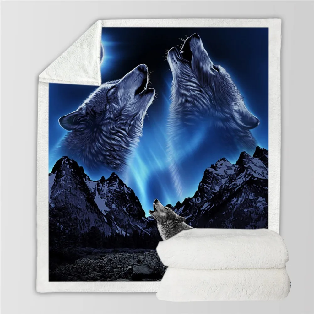 Soft Wolf Warm Blanket 3D Animal Star Galaxy Wolf Pattern Print Bedding Sherpa Fleece Blanket for Kids Portable Throw Blanket