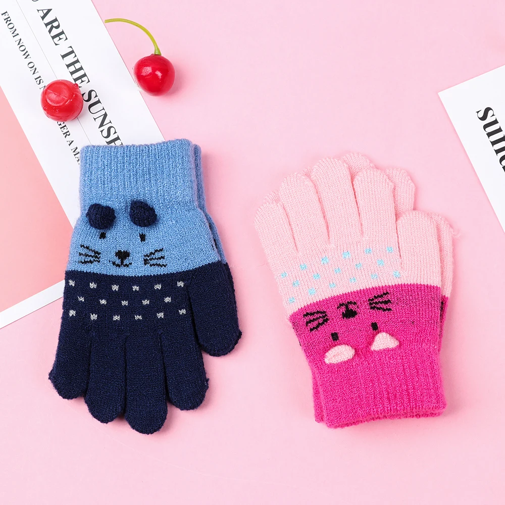 Новые милые перчатки с рисунком кота, зимние толстые вязаные детские варежки для новорожденных, теплые перчатки для детей 0-3 лет