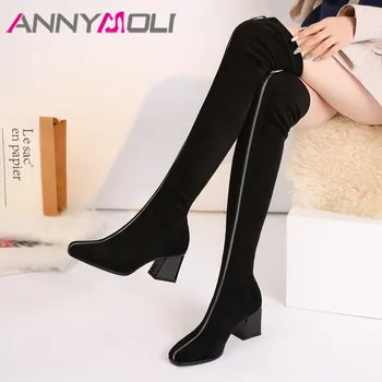 

ANNYMOLI Winter Thigh High Boots Women Genuine Leather Chunky High Heel Over the Knee Boots Slim Zip Square Toe Shoes Lady 34-39