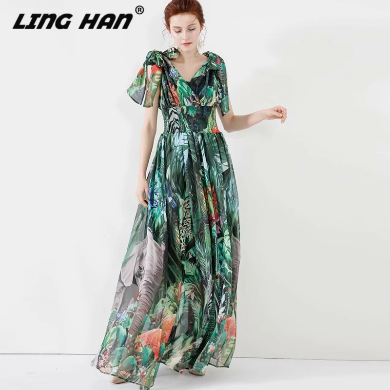 Linghan Fashion Print Maxi Jurken Vrouwen Elegante Boog Elastische Taille Big Swing Party Dress Designer Lente Zomer Nieuwe Linghan Fashion Print Maxi Jurken Vrouwen Elegante Boog Elastische Taille Big Swing Party Dress Designer Lente Zomer Nieuwe
