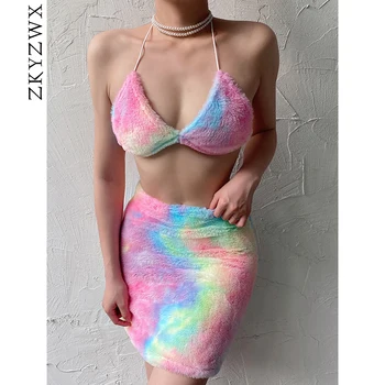 

ZKYZWX 2 Piece Set Women Club Outfits Fall Festival Clothing Tie Dye Sexy Plush Bra Crop Top and Skirt Two Piece Matching Sets