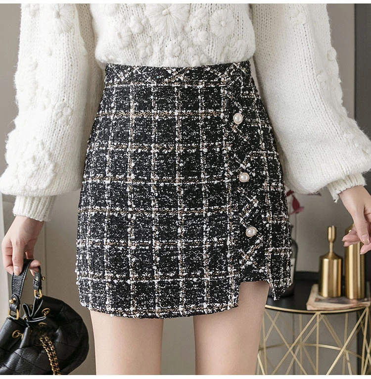 Autumn Winter Mini Tweed Skirt Women Elegant Plaid Skirts Ladies Fashion Korean High Waist Buttons Sexy Short Skirts Package Hip