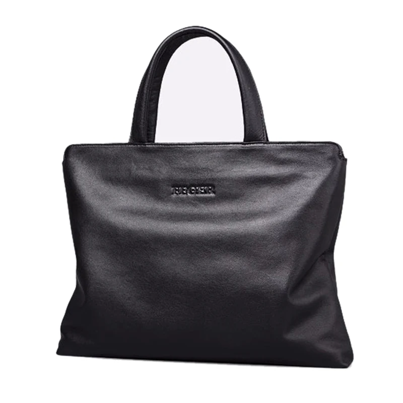 FEGER Men's Genuine Leather Handbag Laptop Briefcase Slim Business Hand Bag Brand Men Shoulder Bag Male Handbags Bags Black