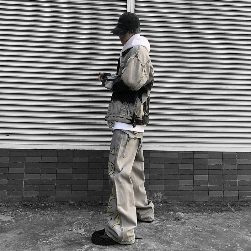ABOORUN Fashion Men's Tie Dye Hip Hop Denim Jacket Oversized Streetwear Blue Jeans Jacket for Male R2981