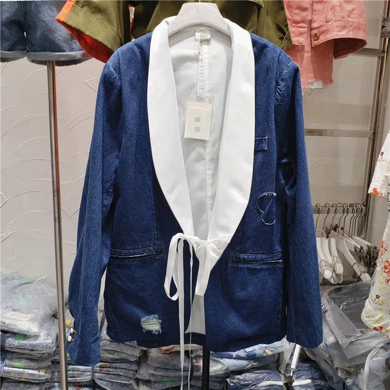 

2020 Spring/autumn New Denim Coat for Women's Lace-up Contrasting Color Lapel Long Sleeve Denim Suit Jacket Ladies Loose Jackets