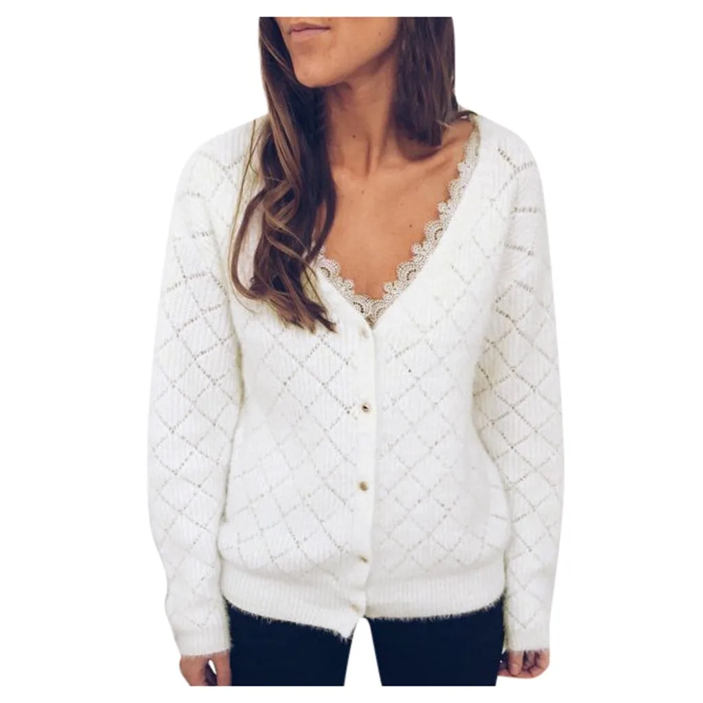 Pull femme nouveaute женский Одноцветный свитер с длинными рукавами и кружевным воротником из флиса с v-образным вырезом и пуговицами