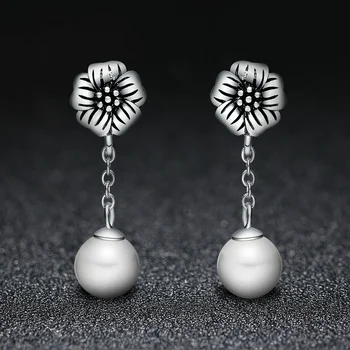 

Long 925 Sterling Silver Earrings for Women Dazzling Flower Long Natural Freshwater Pearl Drop Earrings Women Silver 925 Jewelry