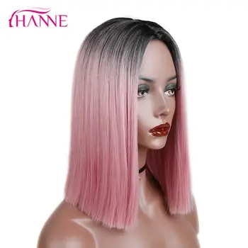 HANNE Ombre Pink/Brown/Grey Straight Shoulder Longth Synthetic Wigs Heat Resistant Hair For Black/White Women Cosplay Or Party 3