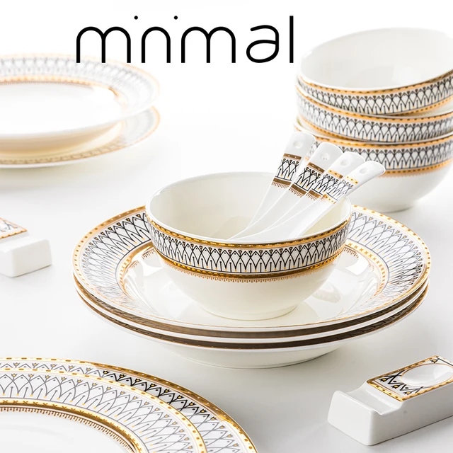 Finom Csont Kerek Aranyütemű Kerámia Vacsora Tányér Porcelán Steak Asztali Edények Rizsleves Tál Kanál Edény Otthoni Dekoráció - Image 2