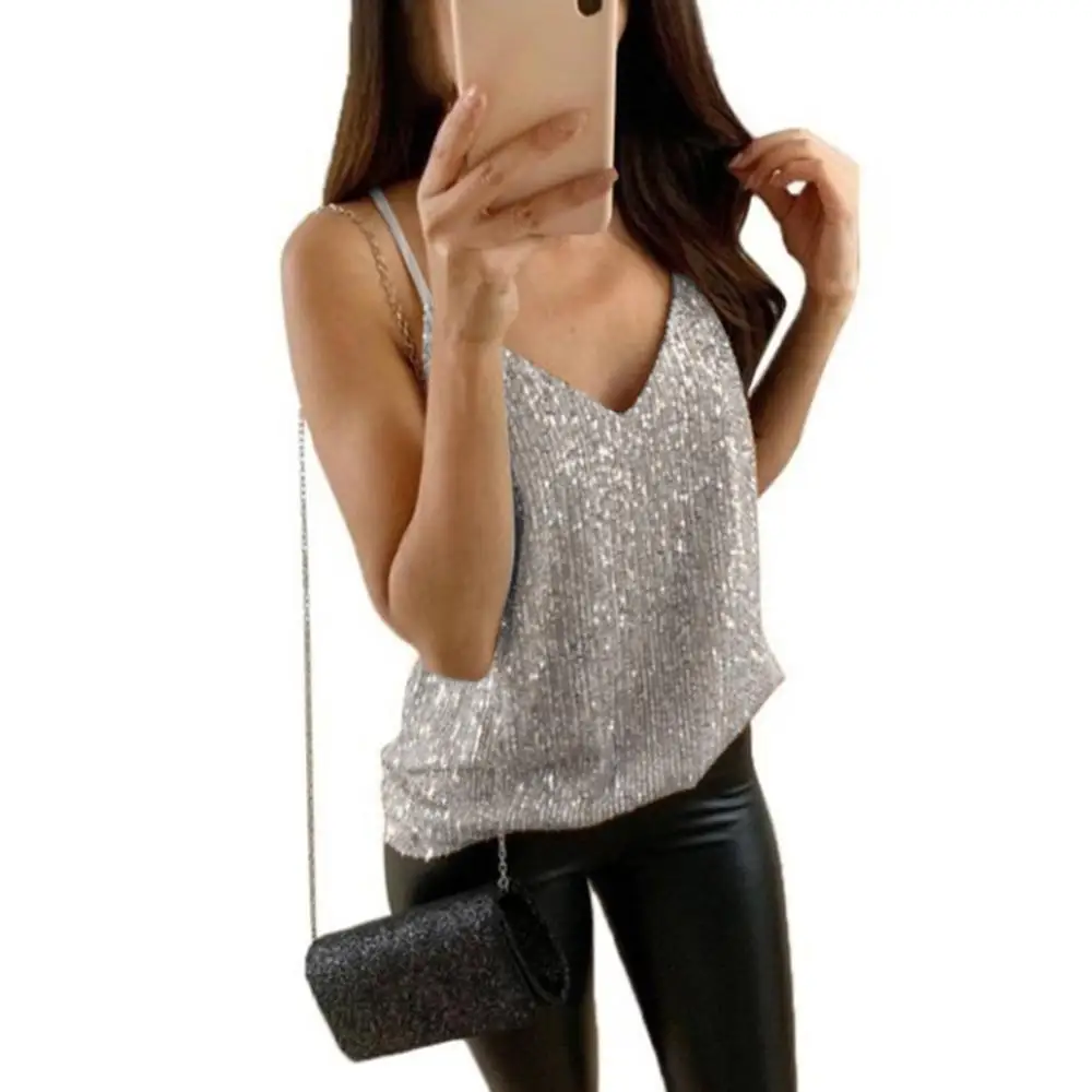Rebicoo, сексуальный топ на бретелях, женский топ на бретельках с пайетками, жилет, рубашка, блузка, топы, уличная мода, Топ для женщин, женская одежда