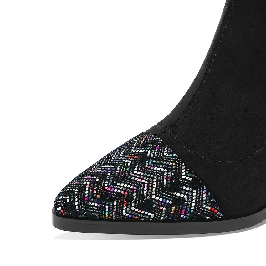 Lady Jane Ethnic Feather Decoration Femal Over The Knee High Boots Pointed Toe Colorful Crystal Heels Elastic Winter Shoes