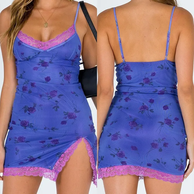 2020 New Lace Tight Tight Split Sexy Backless V-neck Mesh Strap Dress Boho Sundress Ladies Summer Slim Dress Clothing сарафан