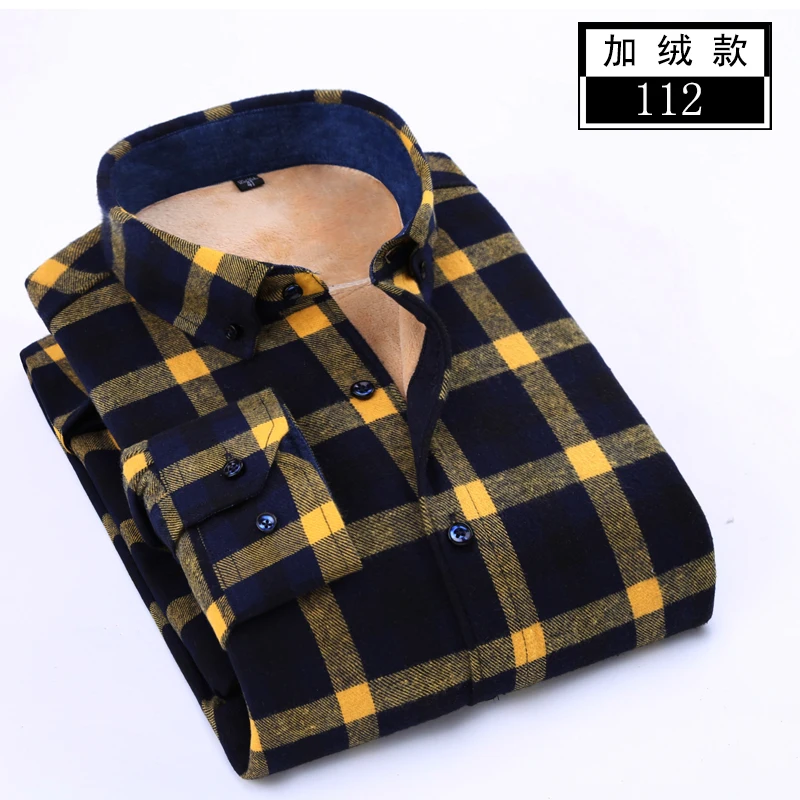 Warm Man Shirt 112 Повседневная черная клетчатая Теплая мужская рубашка из чистого хлопка, модная зимняя рубашка с длинным рукавом, Мужская брендовая утолщенная мужская одежда 9XL 8XL - Цвет: Warm Man Shirt 112