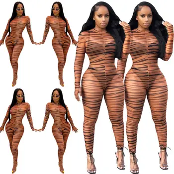 

Women Long Sleeves Prints Sexy See-through Mesh Sheer Bodycon Jumpsuit Club Party Casual Long Bodysuit Playsuit long Sleeve
