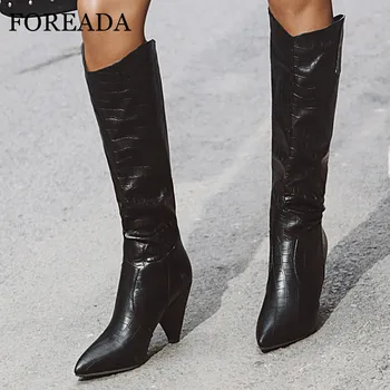 

FOREADA Knee High Boots Super High Heel Western Boots Women Spike Heel Shoes Pointed Toe Long Boots Autumn Winter Brown Size 46