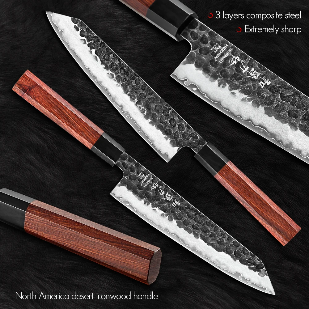 Kitchen Knives 1-3PC Chef Utility Santoku Professional Clad Steel Japanese Cook For Meat Red Wood