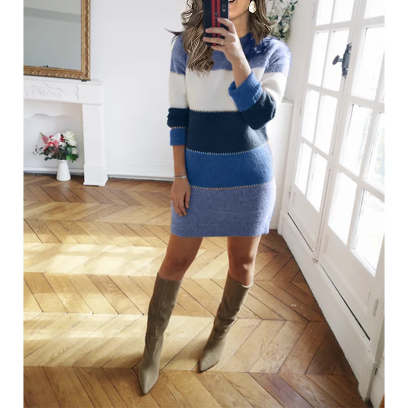 

Autumn/Winter Simple Stitching Knit Skirt Office Ladie Contrast O Neck Sweater Joker Warm and Comfortable Dress Vintage Clothes