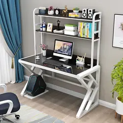 Bureau d'ordinateur en verre trempé, pour la maison, bibliothèque intégrée, bureau d'apprentissage et d'écriture 