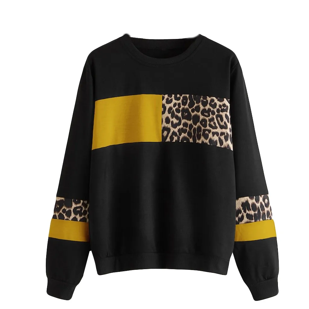 Women Leopard Sweatshirt Print O-Neck Tops Cotton Long Sleeve Patchwork Pullover Sweatshirt Sudadera Mujer Moletom Kawaii Roupas - Цвет: Yellow