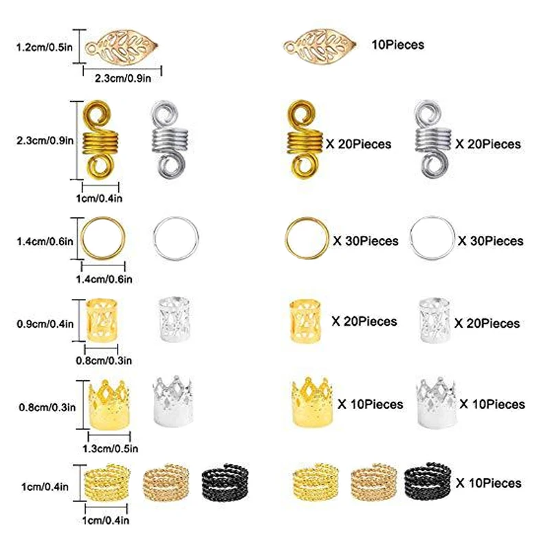 200PCS Hair Dreadlocks Beads Braids Kit Hair Rings Tubes Metal Hair Cuffs for Dreads With Box Jewelry Hair Styling Accessories