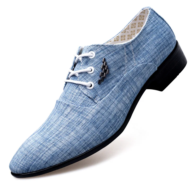 Мужские модельные туфли; кожаные свадебные парусиновые повседневные туфли на плоской подошве; нарядные туфли для мужчин; парусиновые лоферы; chaussures hommes N-06 - Цвет: Sky Blue