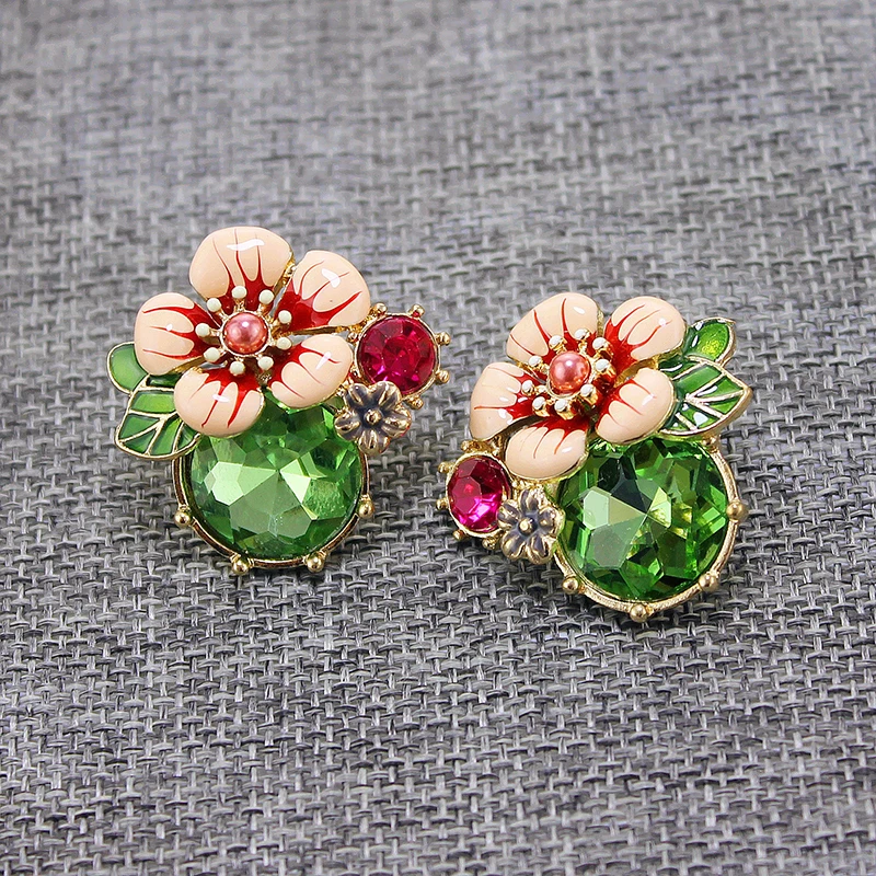 Light Green Stone Милые маленькие серьги в виде цветка, винтажные, ручная роспись, эмаль, ювелирные изделия, Золотые серьги, милый подарок, розовый цветочный кристалл, камень, серьги-гвоздики - Окраска металла: Light Green Stone