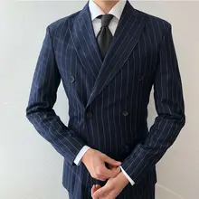 Мужской темно-синий полосатый двубортный смокинг 2 шт. Классический офисный деловой костюм подходит смокинги для выпускного(пиджак+ брюки