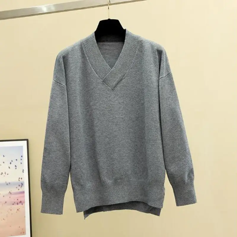 GIGOGOU женский свитер большого размера с v-образным вырезом, плоский вязаный женский пуловер с длинным рукавом, Свитера на осень и зиму, повседневный Свободный вязаный джемпер
