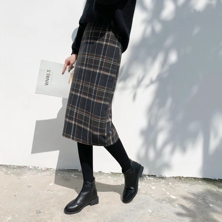 2019 осень зима женские прямые клетчатые миди юбки посылка в стиле хип консервативный Стиль Высокая талия винтажные женские юбки