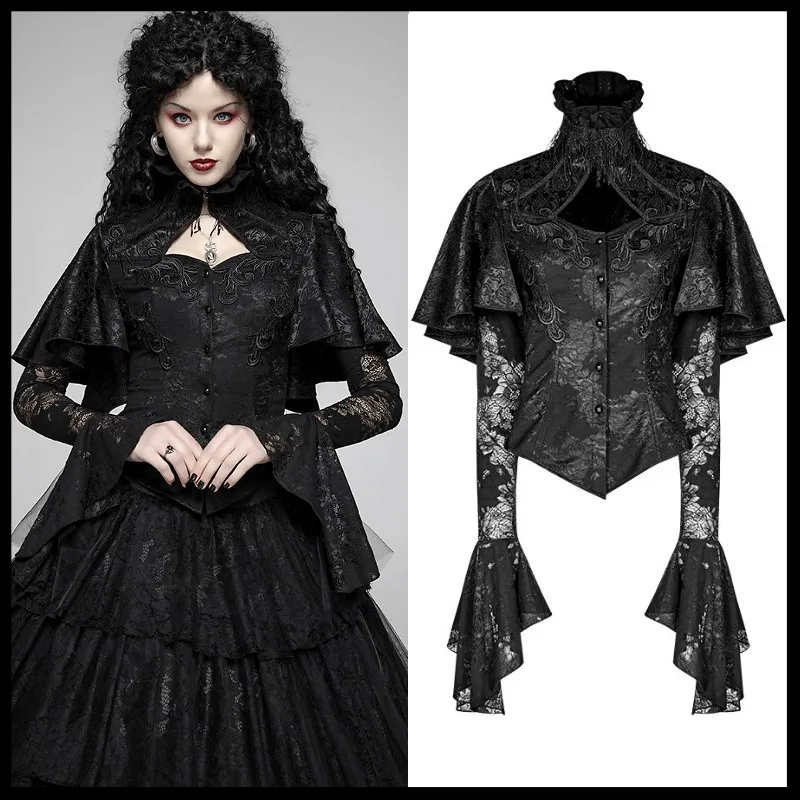 

PUNK RAVE Women's Gothic Lace Cloak Shirt Fashion Lace Flare Sleeves Steampunk Retro Blouse Evening Party Women Gorgeous Shirts