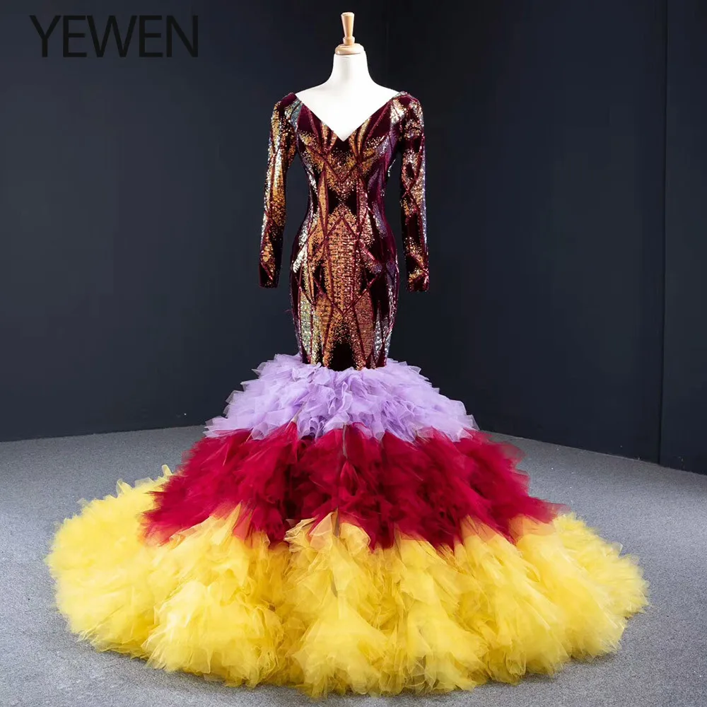 

New Evening Dress Long Sparkling Full Sleeve Double V-Neck Women Elegant Sequin Mermaid Maxi Evening Party Gown Dresses 2020