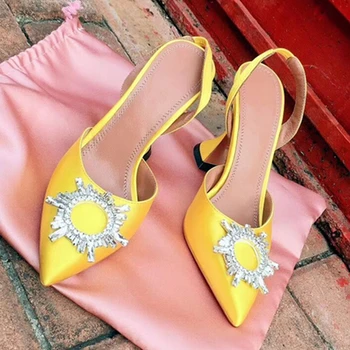 

Luxury Women Pumps 2020 Lace Slik High Heels Sexy Pointed Toe Slip-on Wedding Party Brand Fashion Shoes for Lady Thin Heels