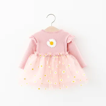 

2 Colors Sweet Newborn Baby Girls Daisy Lace Tutu Long Sleeve Patchwork Dress Party Wedding Princess Dresses 0-24M