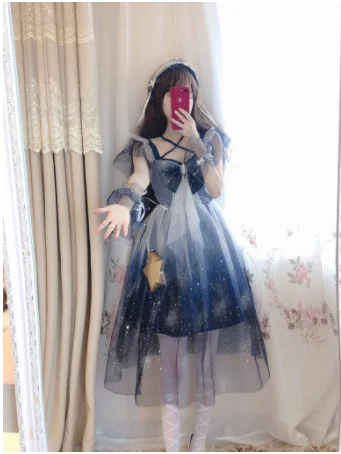 Kawaii girl gothic lolita op loli grenadine fairy bowknot flying sleeve victorian dress Gorgeous starry sky sweet lolita dress