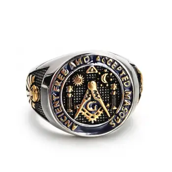 

New Vintage Black Stainless Steel Men Ring Big Free Mason Freemasonry Masonic AG Retro Punk Silver Gold Male Ring Jewelry