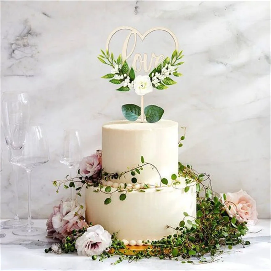 Деревянный Цветок деревенский Любовь Свадебный торт Топпер романтические украшения для свадебного торта винтажное кантри свадебное