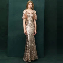 Вечернее платье с коротким рукавом, женские вечерние платья, длина до пола, элегантное платье с v-образным вырезом, Формальные Вечерние платья F182