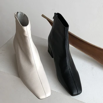 

2020 Winter INS Casual Women Beige Block High Heels Ankle Boots Ladies Low Heels Chelsea Boots Soft Leather Boots Party Shoes