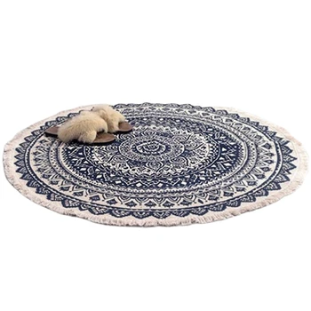 

Morocco Round Carpet Bedroom Boho Style Tassel Cotton Rug Hand Woven National Classic Tapestry Sofa Cushion Tatami Floor Mats-Bl