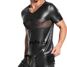 YUFEIDA, 2 шт., комплект мужской одежды, мужские трусы, сексуальные, искусственная кожа, сетка, короткий рукав, топы, длинные штаны для мужчин, нижнее белье, клубная одежда