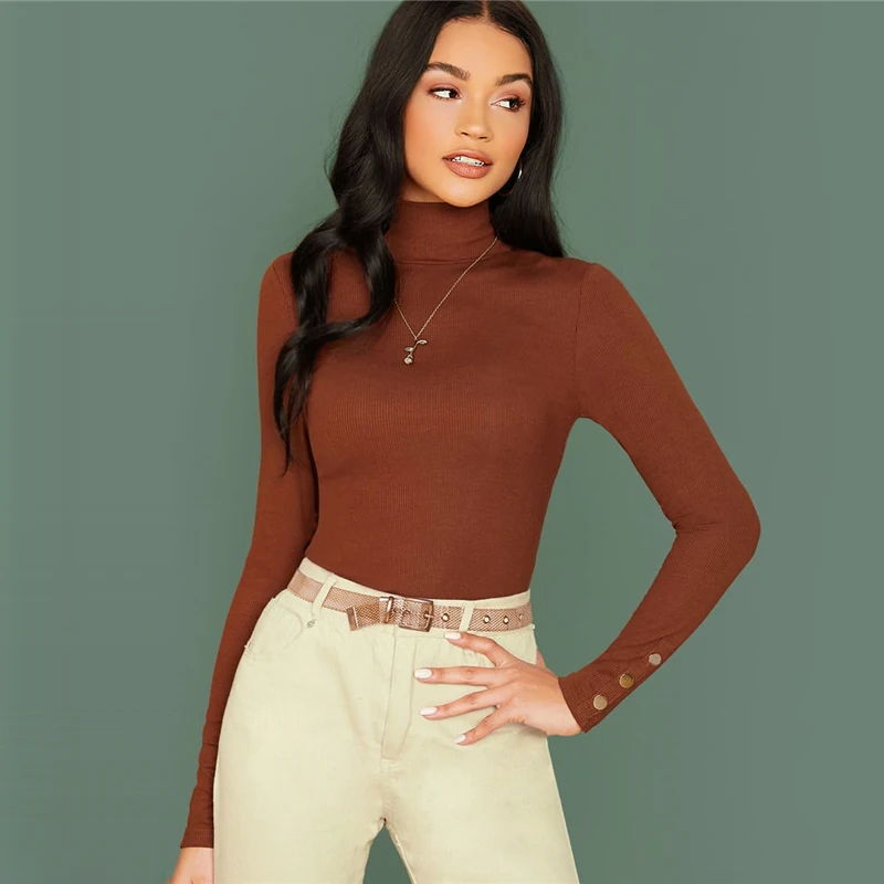 Brown Sheinside, коричневая, элегантная, с высоким воротом, ребристая вязка, тройник, для женщин,, весна, на пуговицах, манжеты, отделка, тройник, топы, для офиса, для девушек, Одноцветный, минималистичный Топ - Цвет: Brown