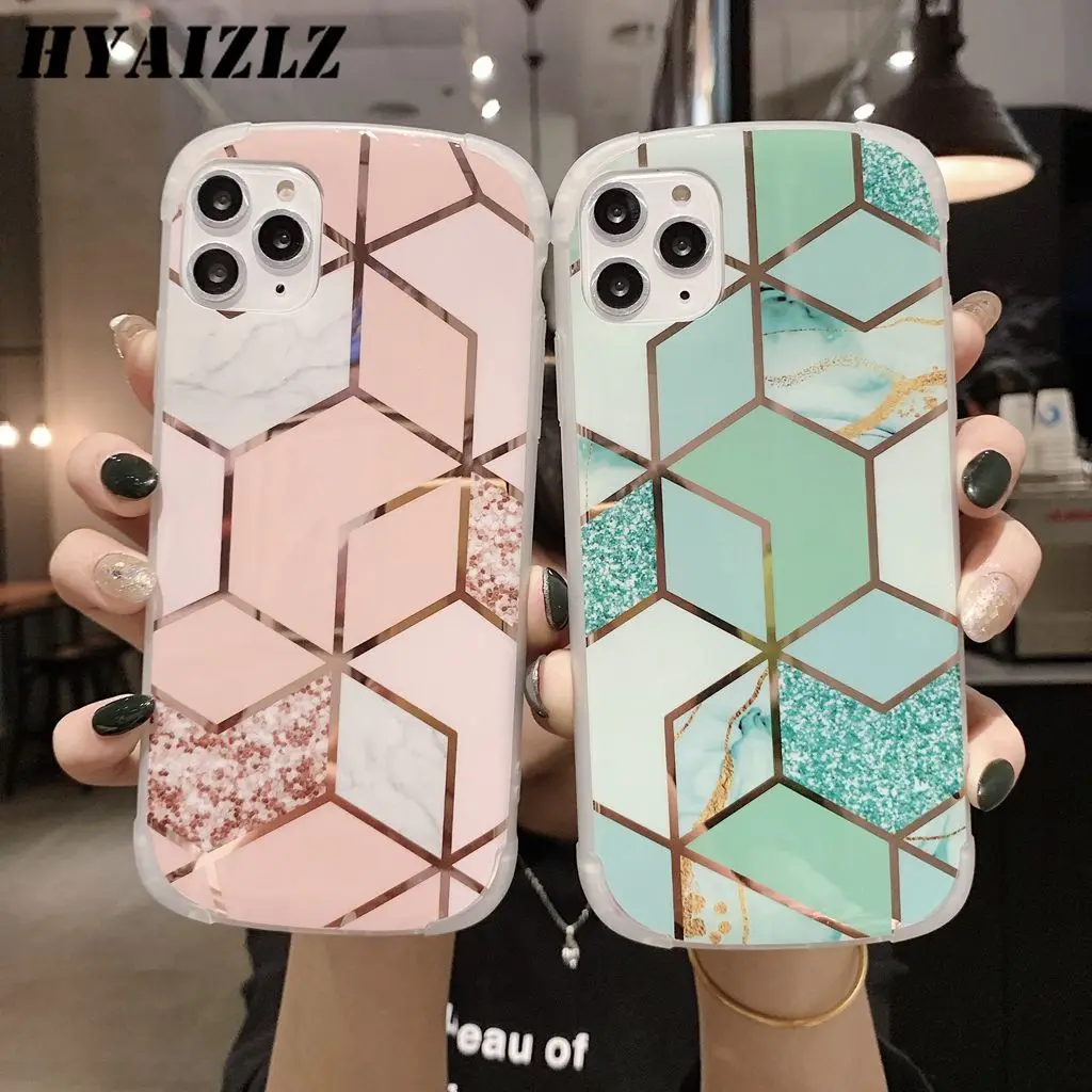 

Marble Case for iPhone 11 Pro Max XS XR X 6 6S 7 8 Plus Glossy 4 Corner Anti-fall Soft Back Cover Rhombus Women's Phone Shell