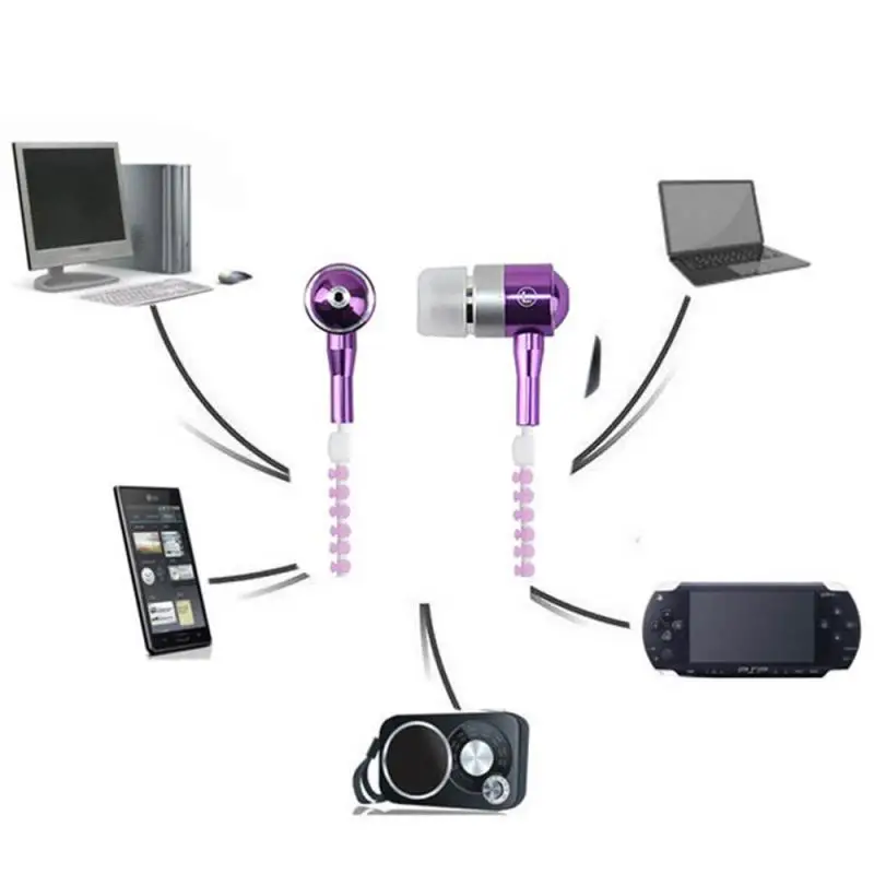 Zipper Headset Glowing Earphone Luminous Light Metal Zipper Ear Phones Glow in The Dark f with Microphone