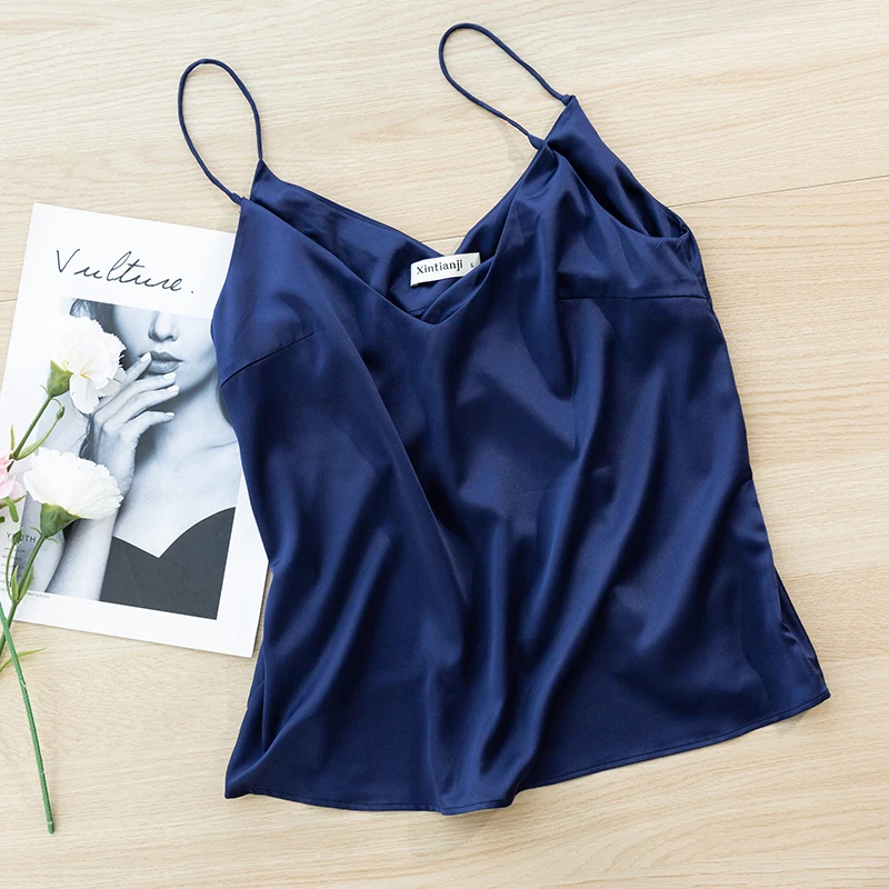 blue satin tank top